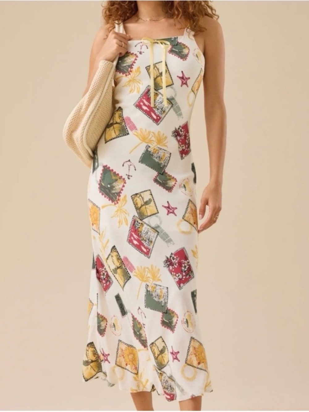 The Workshop Letters from Afar Vacation Postcard Print Midi Slip Dress NWT